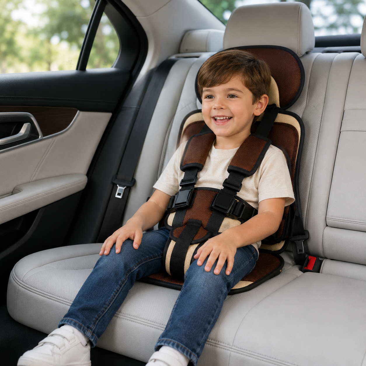 Tragbarer Booster-Sitz für Reisen im Auto mit klappbarem Gurtsystem | Temsk