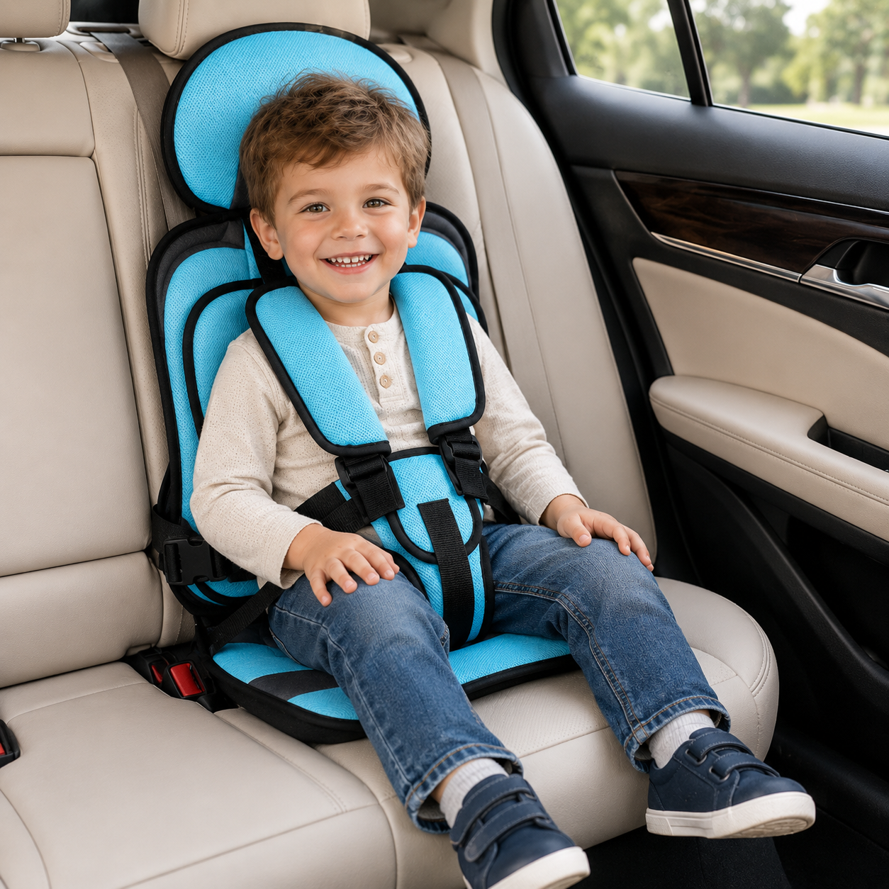 Tragbarer Booster-Sitz für Reisen im Auto mit klappbarem Gurtsystem | Temsk