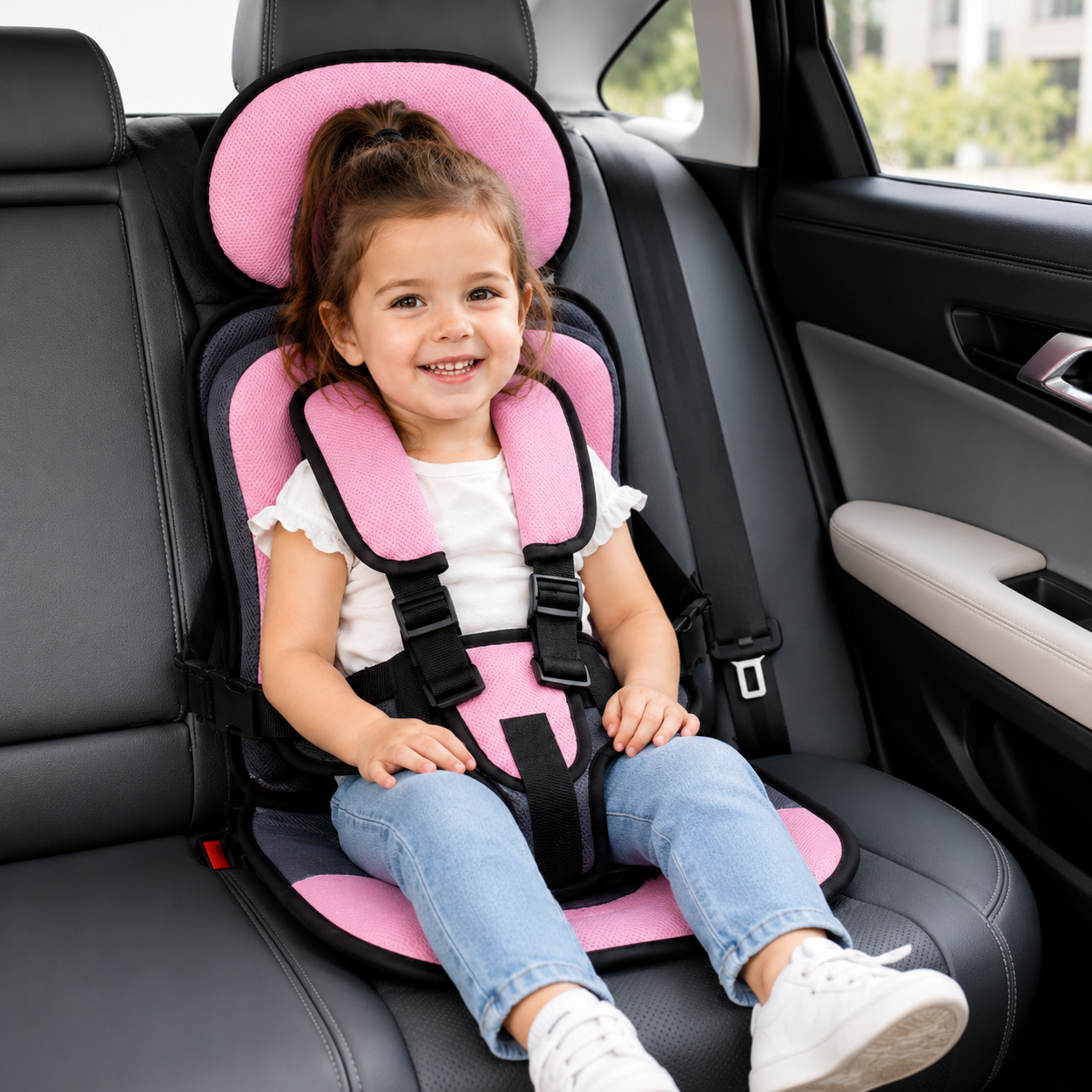 Tragbarer Booster-Sitz für Reisen im Auto mit klappbarem Gurtsystem | Temsk