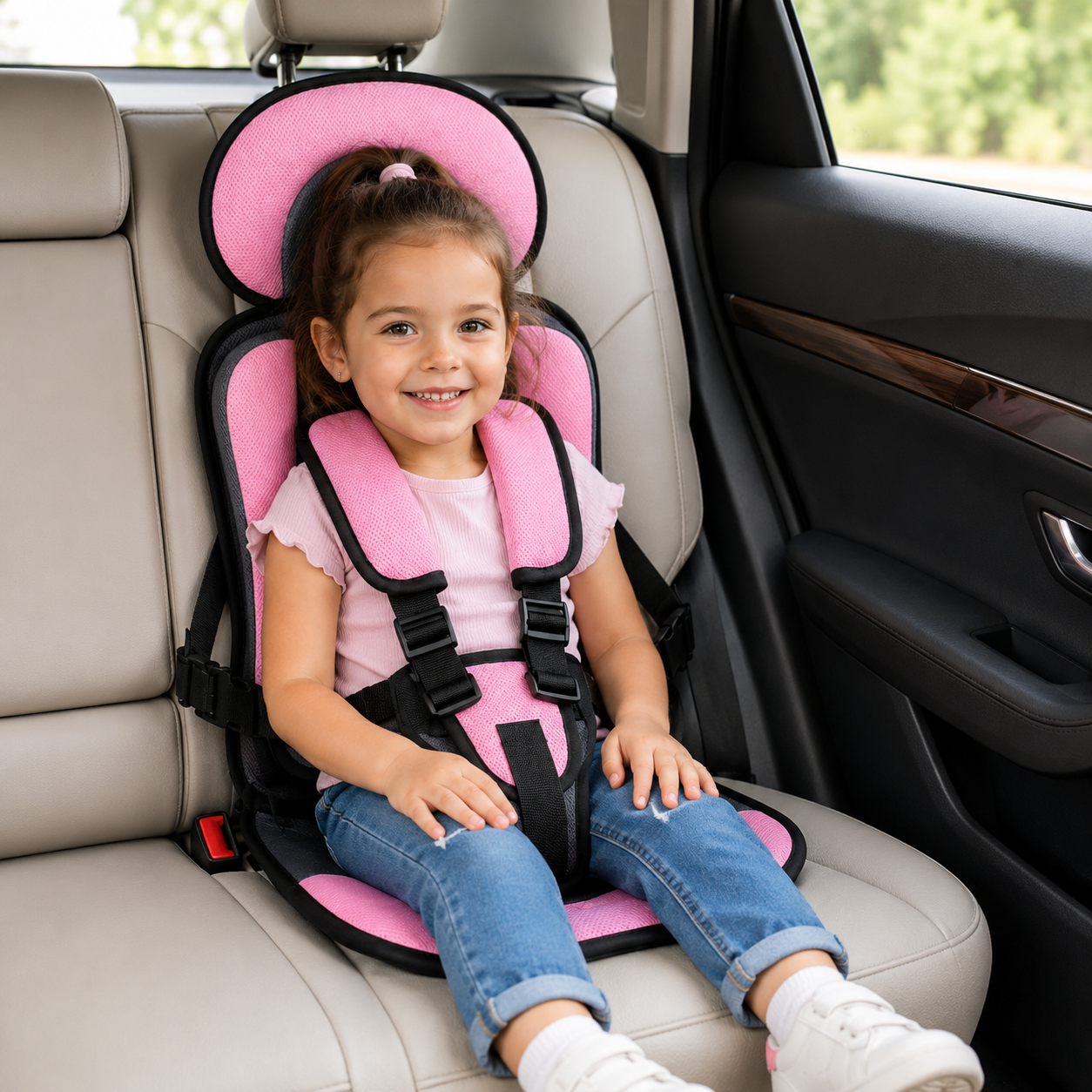 Tragbarer Booster-Sitz für Reisen im Auto mit klappbarem Gurtsystem | Temsk