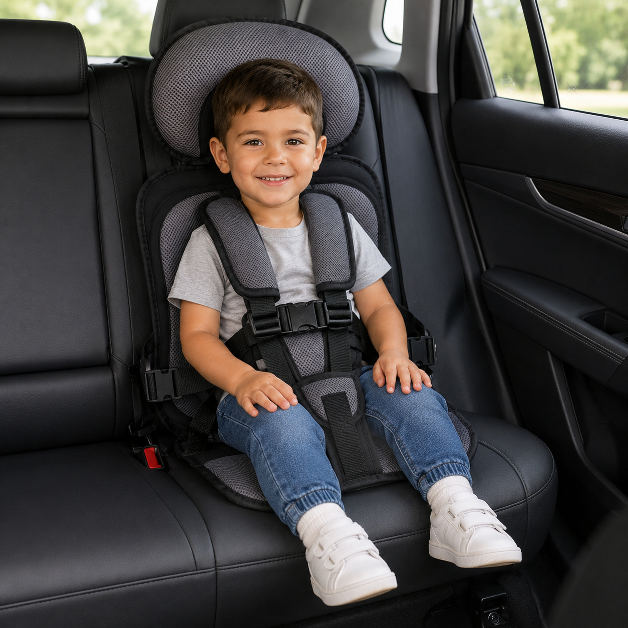 Tragbarer Booster-Sitz für Reisen im Auto mit klappbarem Gurtsystem | Temsk