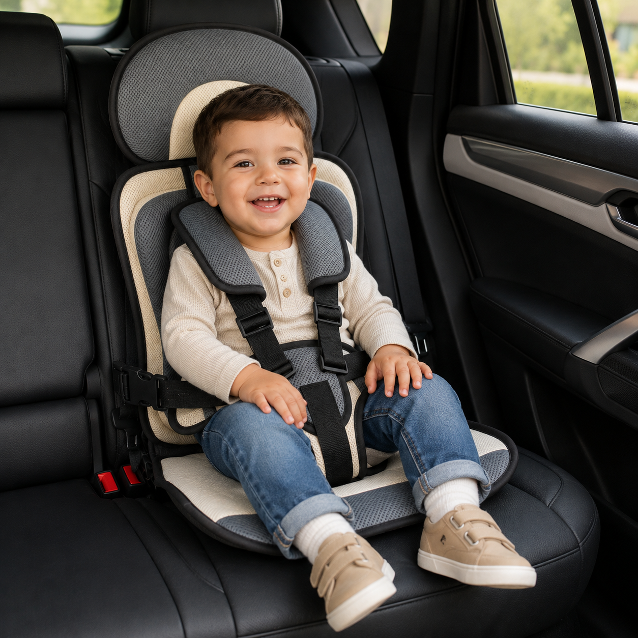 Tragbarer Booster-Sitz für Reisen im Auto mit klappbarem Gurtsystem | Temsk