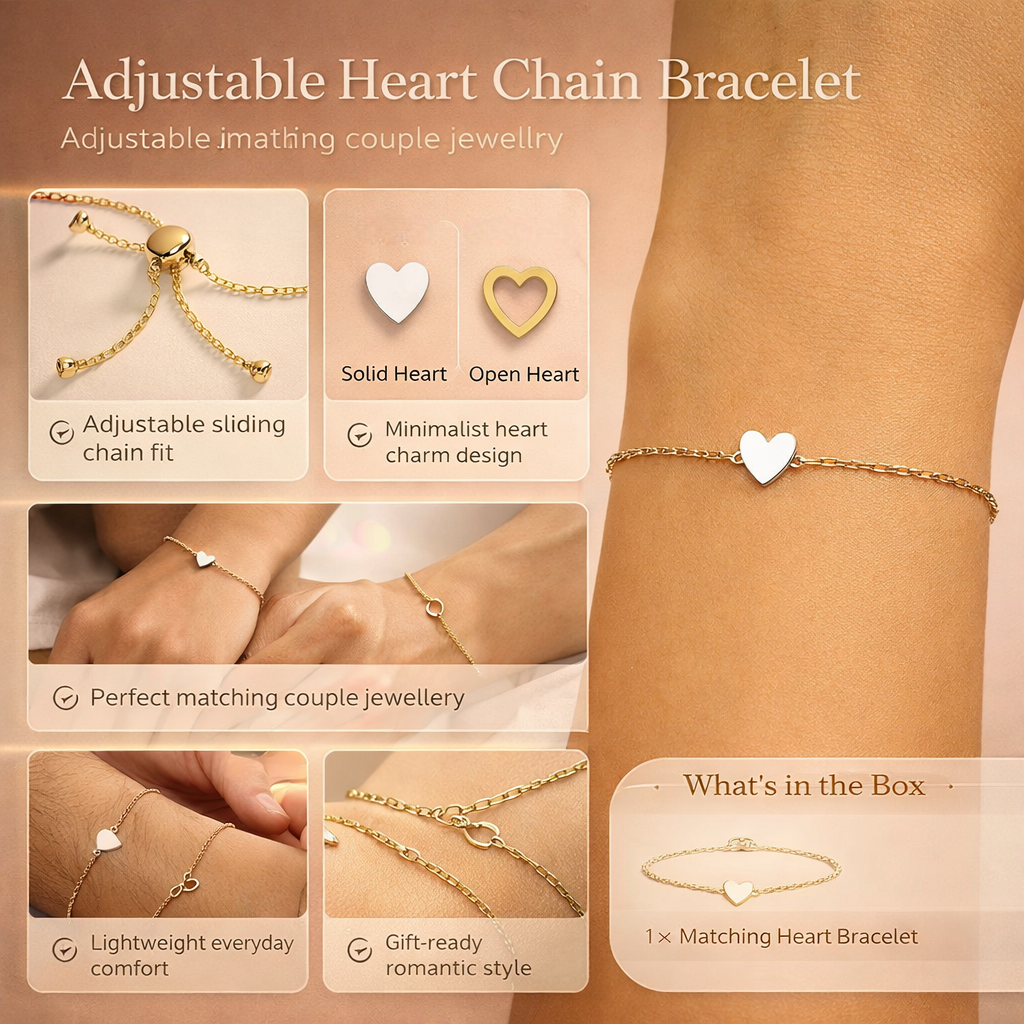 Couple Heart Chain Adjustable Bracelet For Matching Jewelry | Temsk