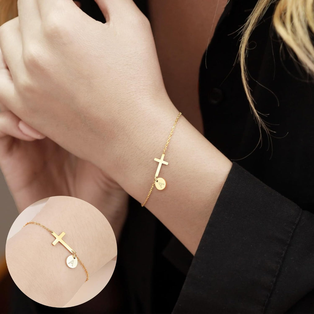 Mother's Day Cross Initial Bracelet With Adjustable Chain | Temsk