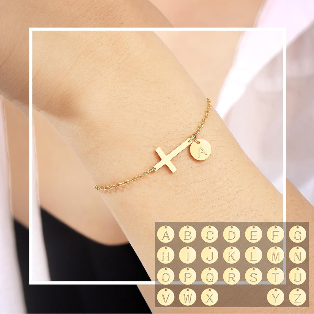 Mother's Day Cross Initial Bracelet With Adjustable Chain | Temsk