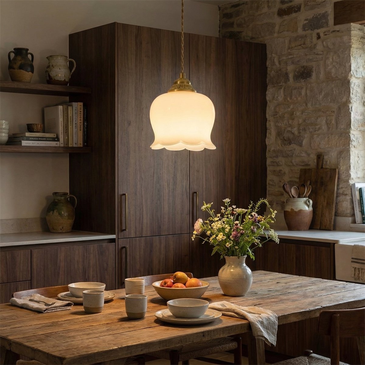 Cream Lily Pendant Light Fixture With Brass Finish, 12 Inches | Temsk