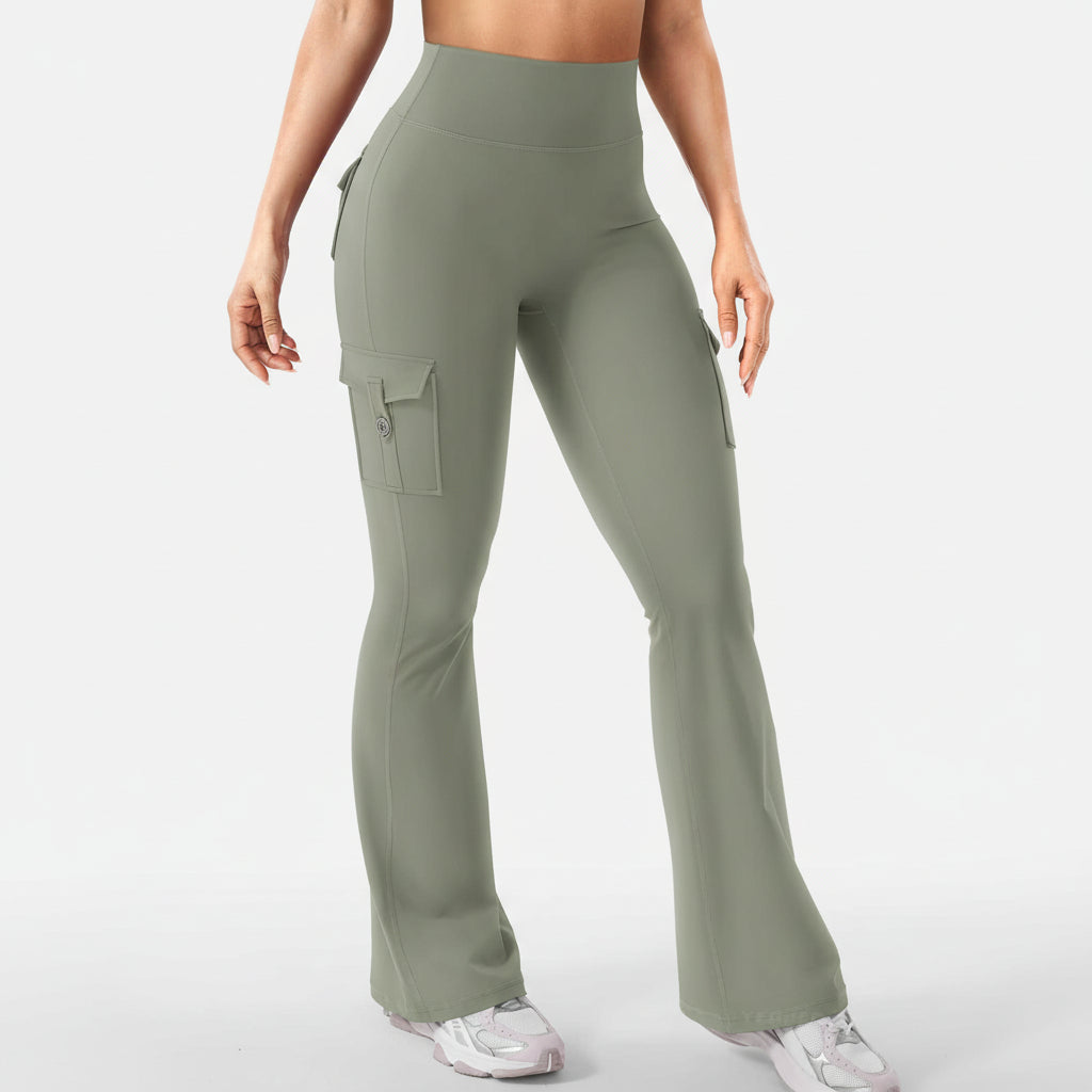 Women's High Waisted Cargo Trousers With Flared Wide Leg | Temsk