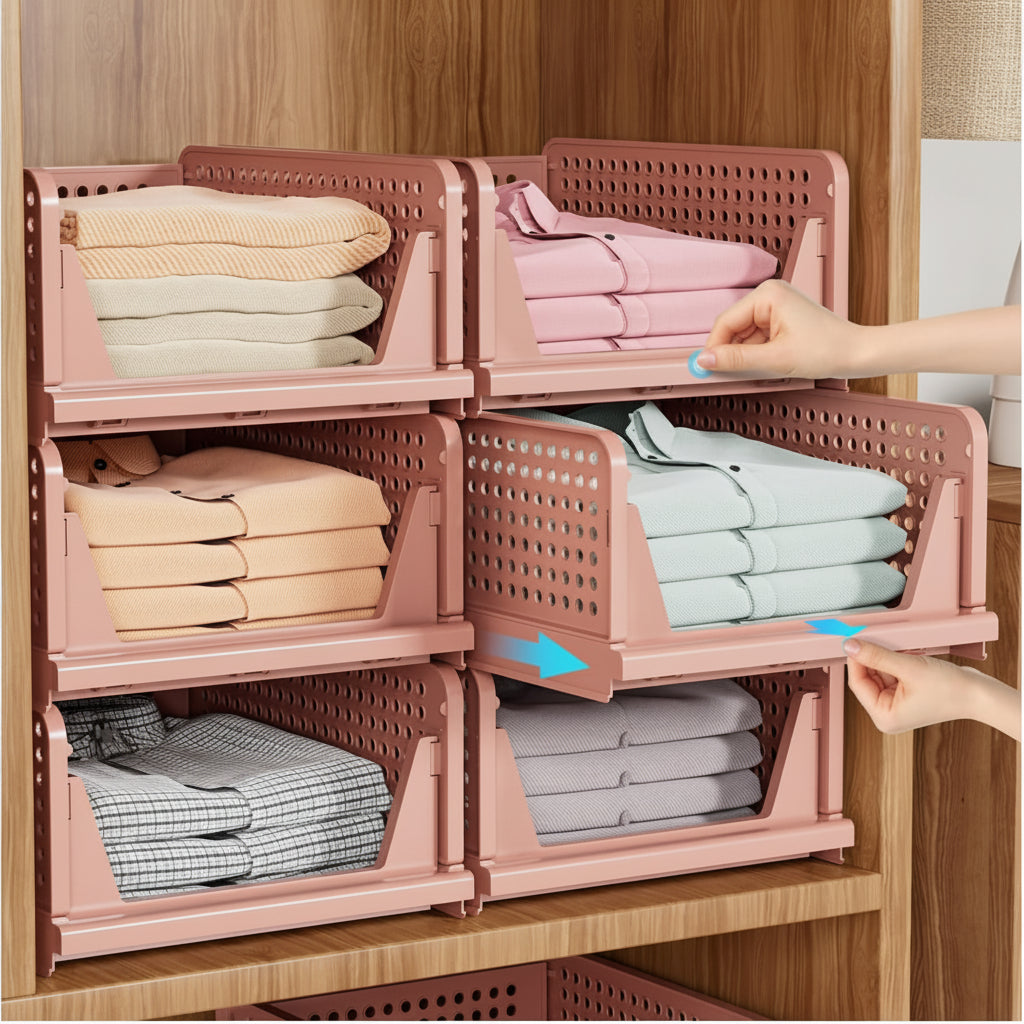 Faltbare Kunststoff-Aufbewahrungsboxen für Kleiderschrank-Organisation, stapelbare Regalkisten | Temsk