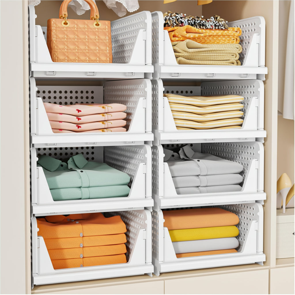 Faltbare Kunststoff-Aufbewahrungsboxen für Kleiderschrank-Organisation, stapelbare Regalkisten | Temsk
