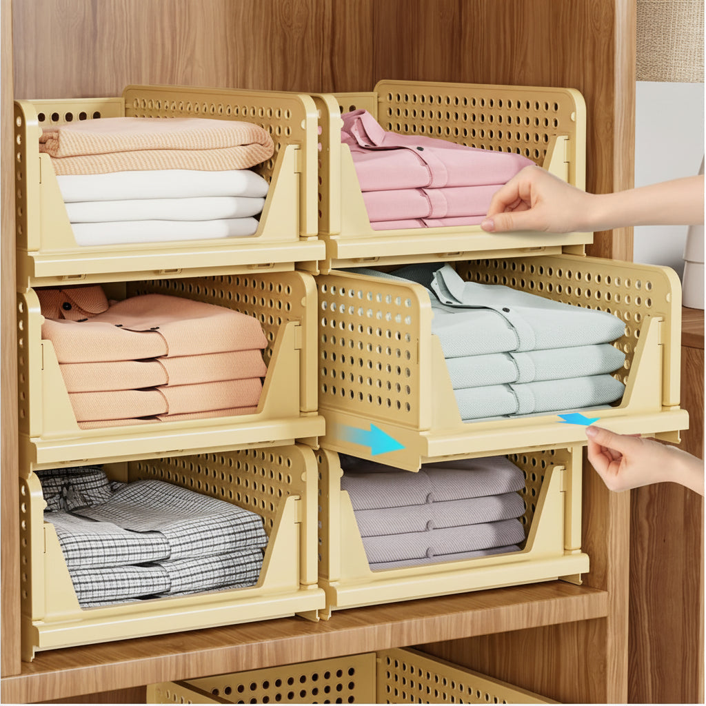 Faltbare Kunststoff-Aufbewahrungsboxen für Kleiderschrank-Organisation, stapelbare Regalkisten | Temsk