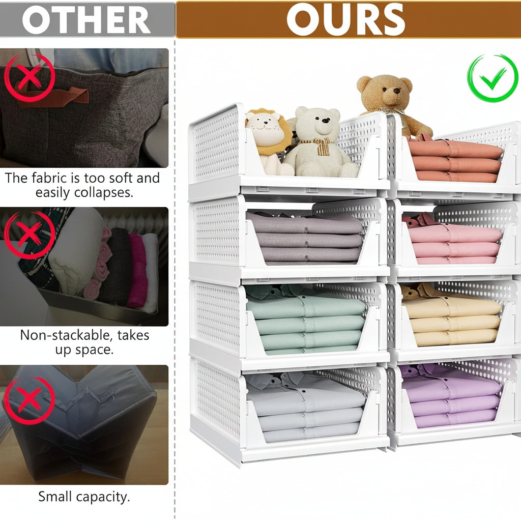 Faltbare Kunststoff-Aufbewahrungsboxen für Kleiderschrank-Organisation, stapelbare Regalkisten | Temsk