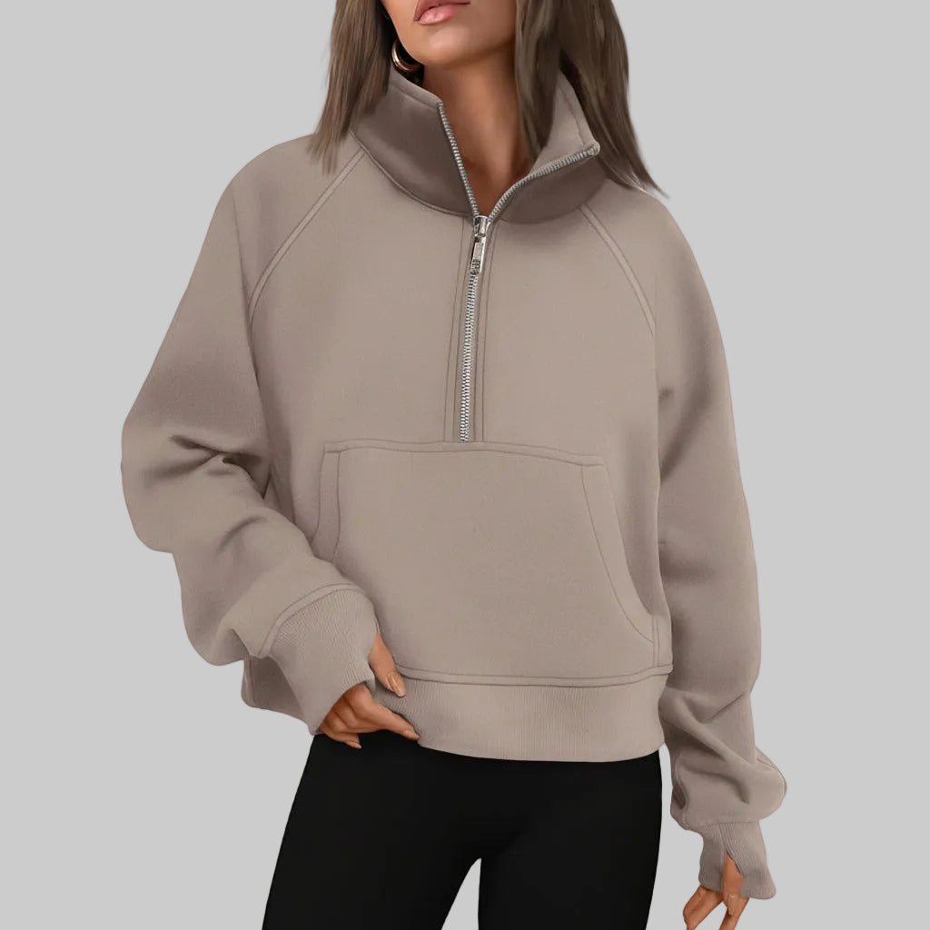Kvinders cropped fleece-sweatshirt med halv lynlås til daglig varme | Temsk