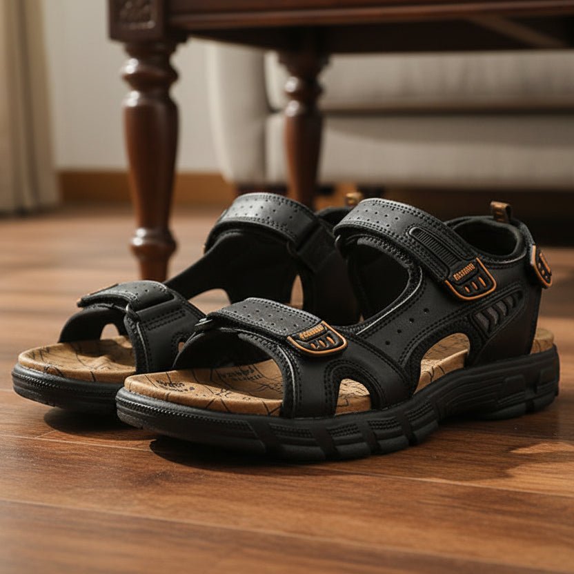 Alderon Ergonomic Mens Leather Sandals With Padded Support And Hook-and-Loop Fastener | Temsk