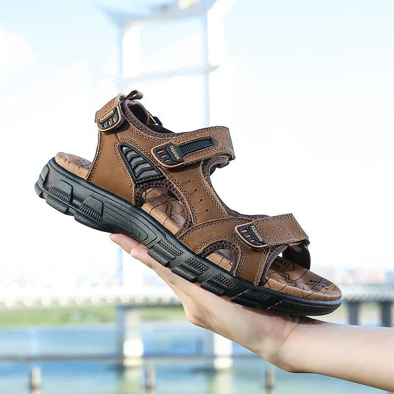 Alderon Ergonomic Mens Leather Sandals With Padded Support And Hook-and-Loop Fastener | Temsk