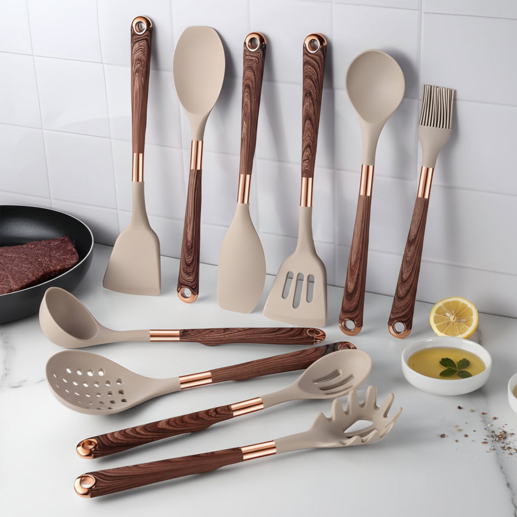 Aurelia Kitchen Elegant Silicone Utensil Set With Wood Look Handles | Temsk