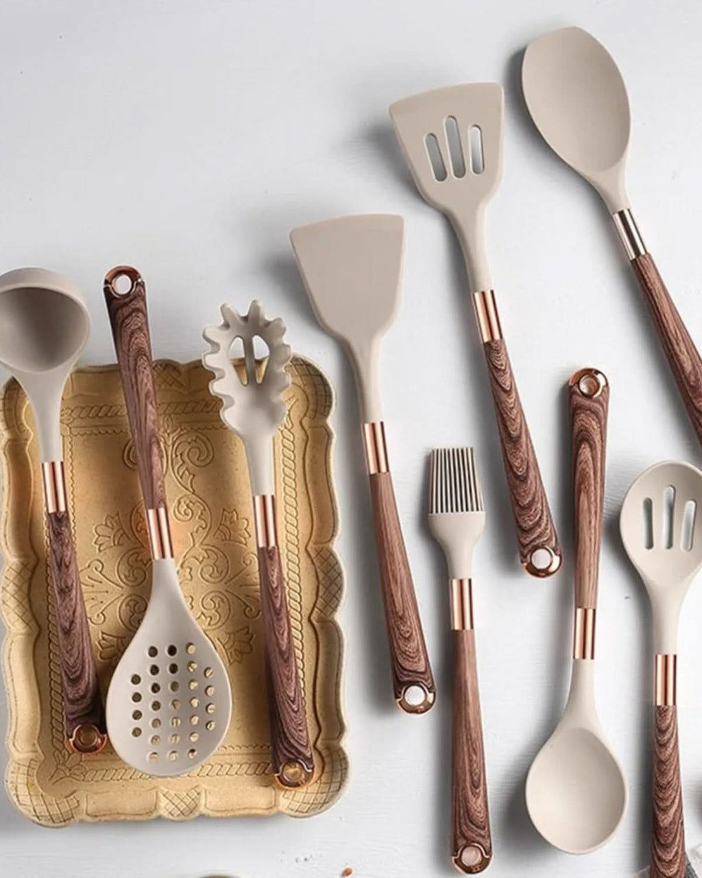 Aurelia Kitchen Elegant Silicone Utensil Set With Wood Look Handles | Temsk