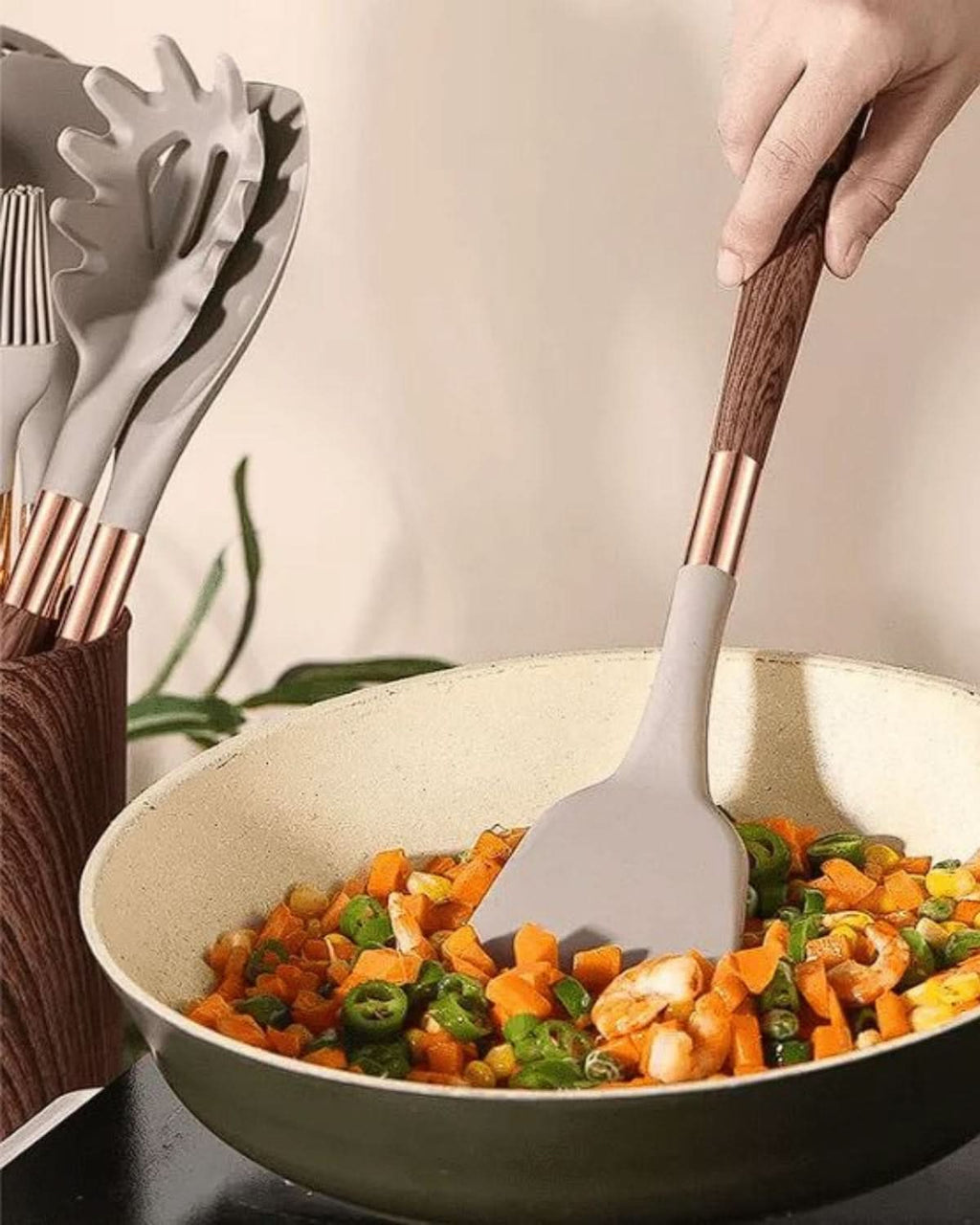 Aurelia Kitchen Elegant Silicone Utensil Set With Wood Look Handles | Temsk