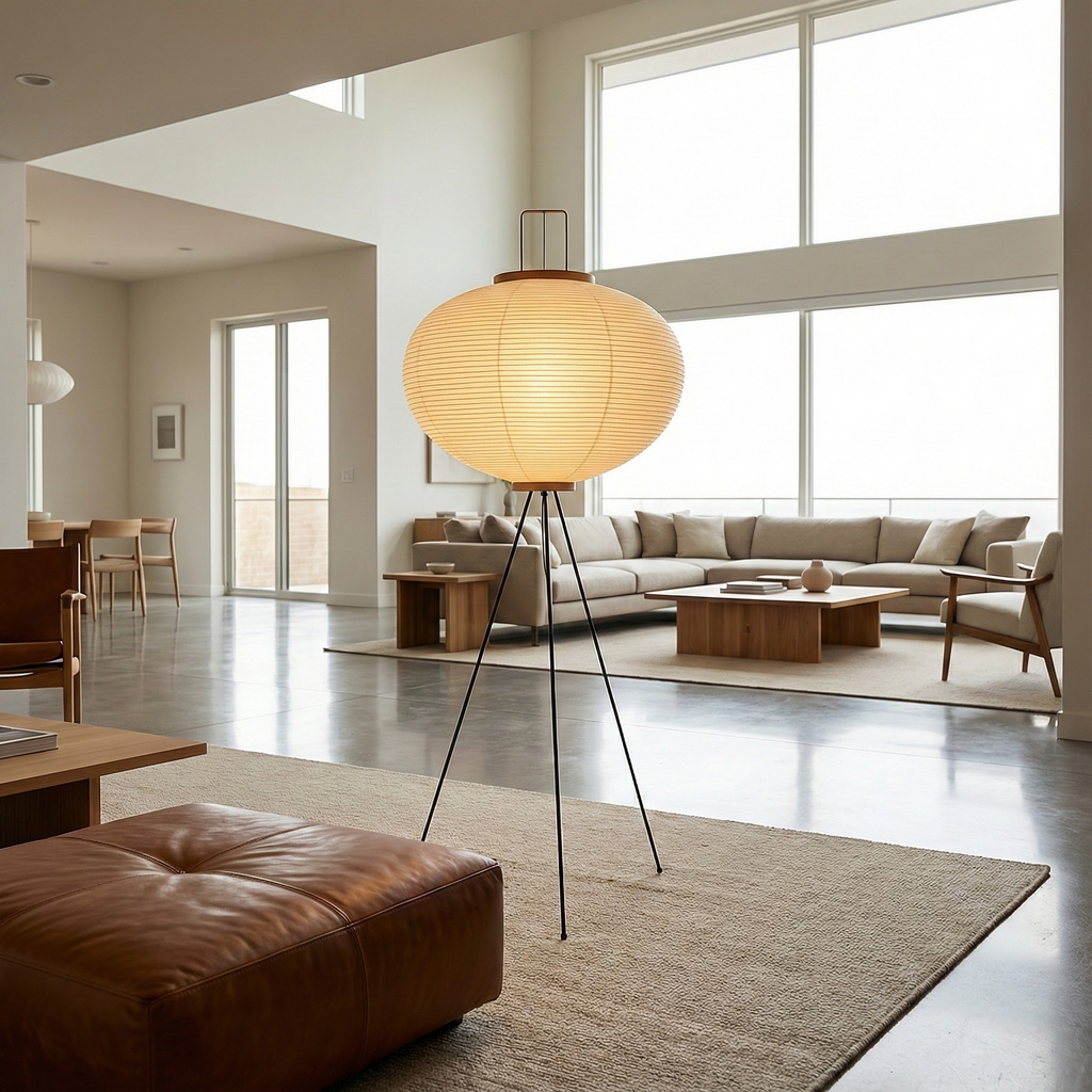 CalmAura Japandi Tripod Floor Lamp for Living Room, Serene Minimalist | Temsk