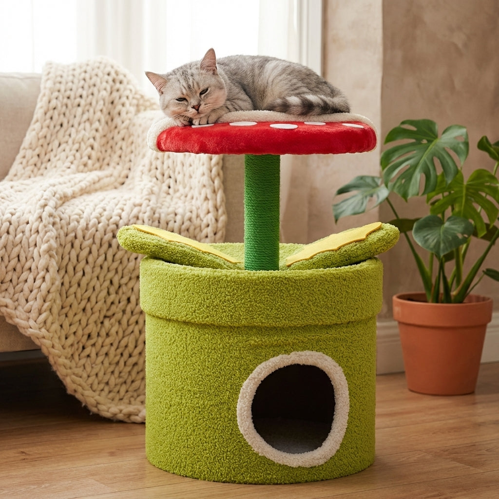 Carnivorous Plant Cat Tree With Hideaway And Scratching Post Sisal And Teddy Fluff | Temsk