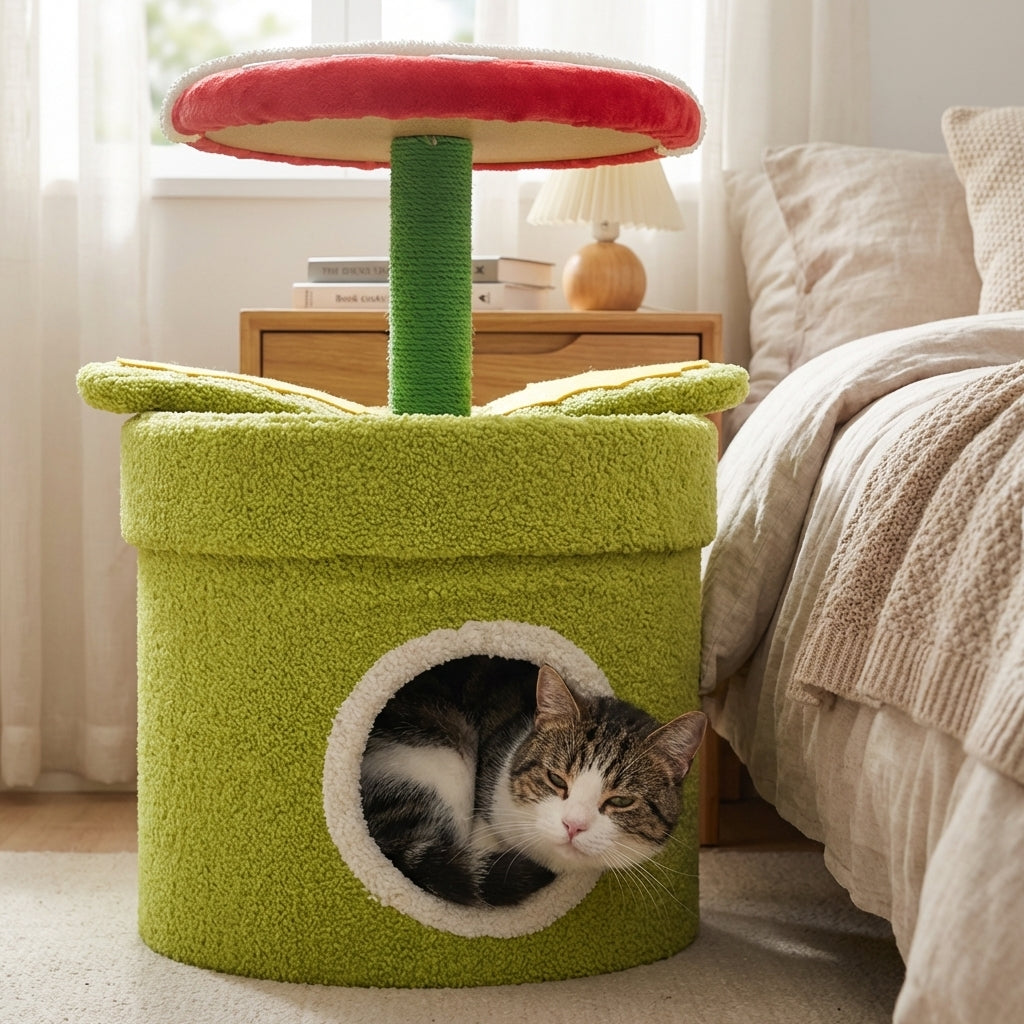 Carnivorous Plant Cat Tree With Hideaway And Scratching Post Sisal And Teddy Fluff | Temsk