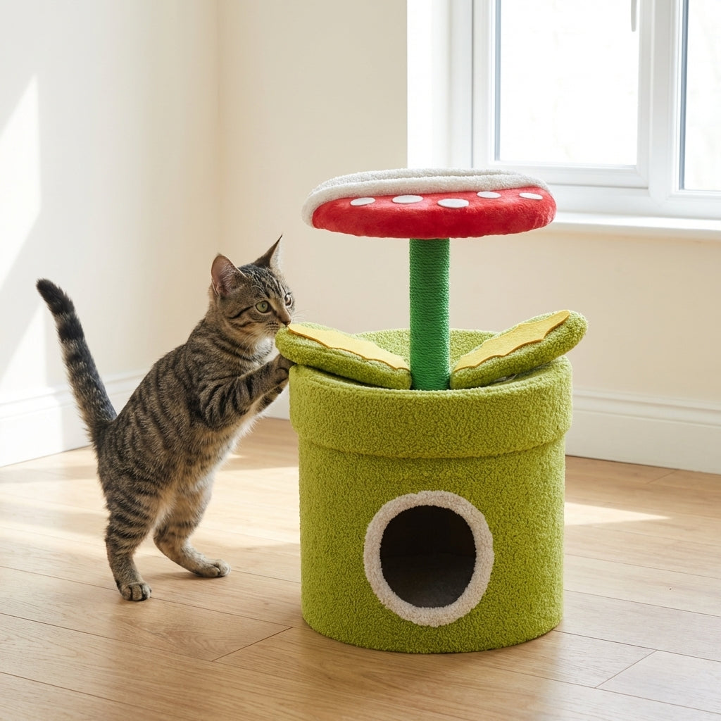 Carnivorous Plant Cat Tree With Hideaway And Scratching Post Sisal And Teddy Fluff | Temsk