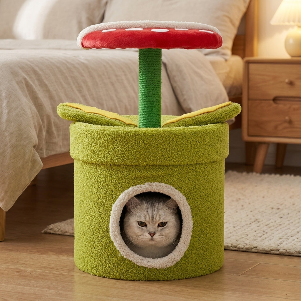 Carnivorous Plant Cat Tree With Hideaway And Scratching Post Sisal And Teddy Fluff | Temsk