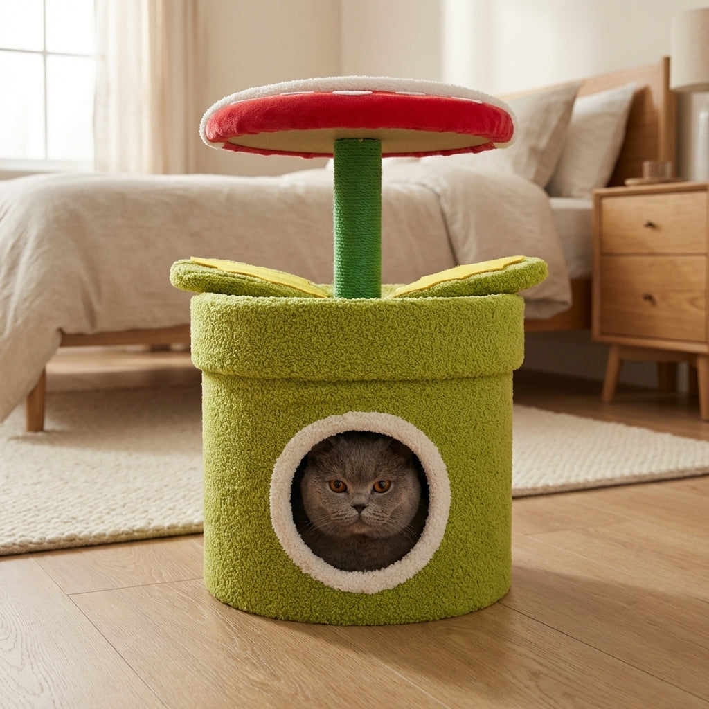 Carnivorous Plant Cat Tree With Hideaway And Scratching Post Sisal And Teddy Fluff | Temsk