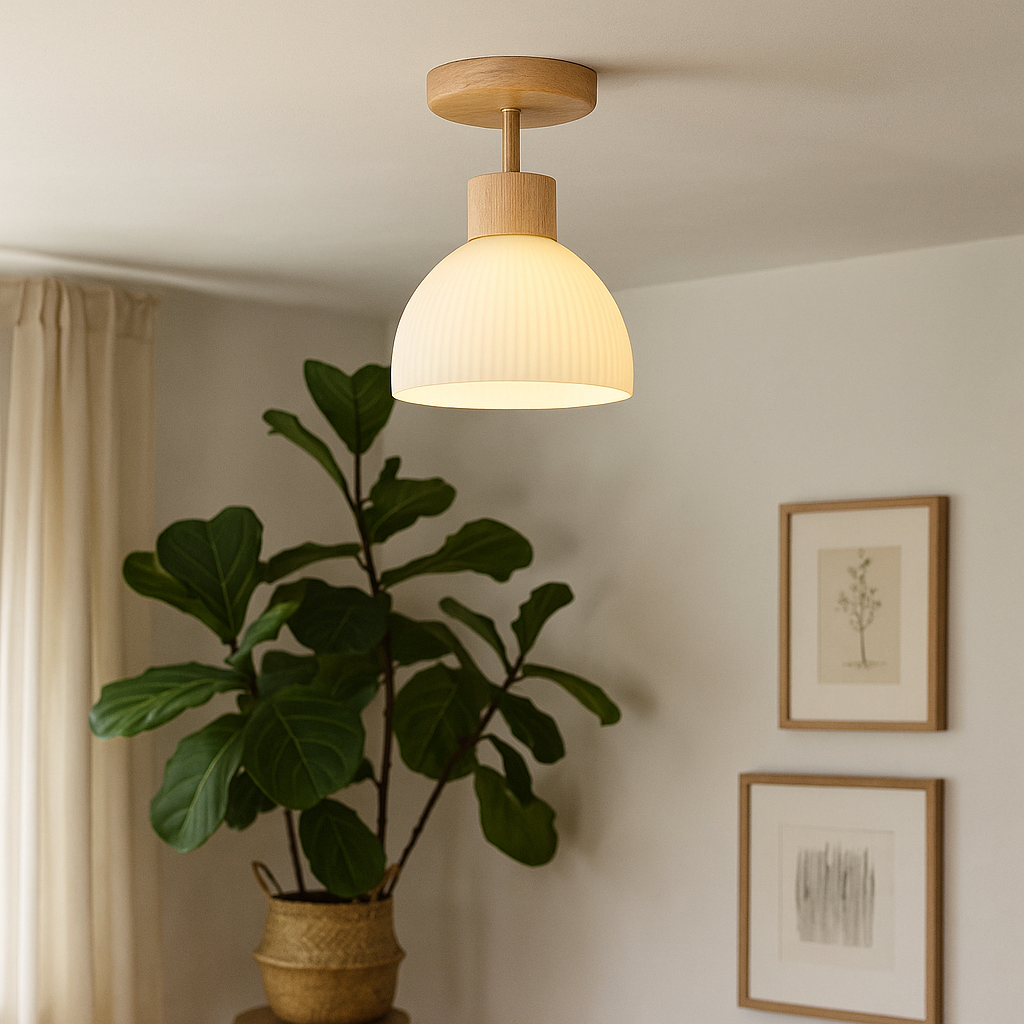 Ailse zeitlose Deckenleuchte aus Naturholz und Glas mit LED | Temsk