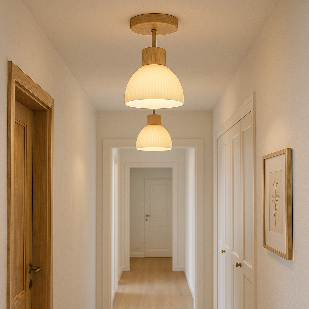 Ailse zeitlose Deckenleuchte aus Naturholz und Glas mit LED | Temsk