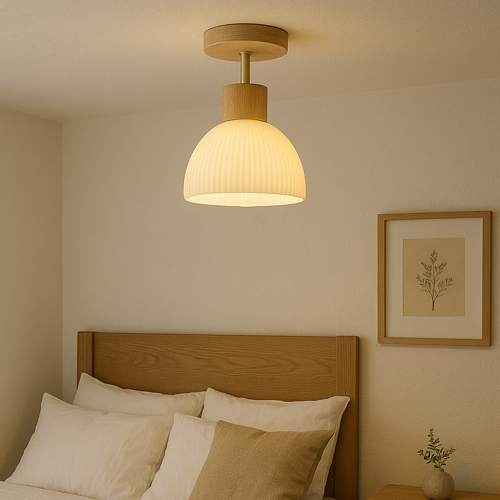 Ailse zeitlose Deckenleuchte aus Naturholz und Glas mit LED | Temsk