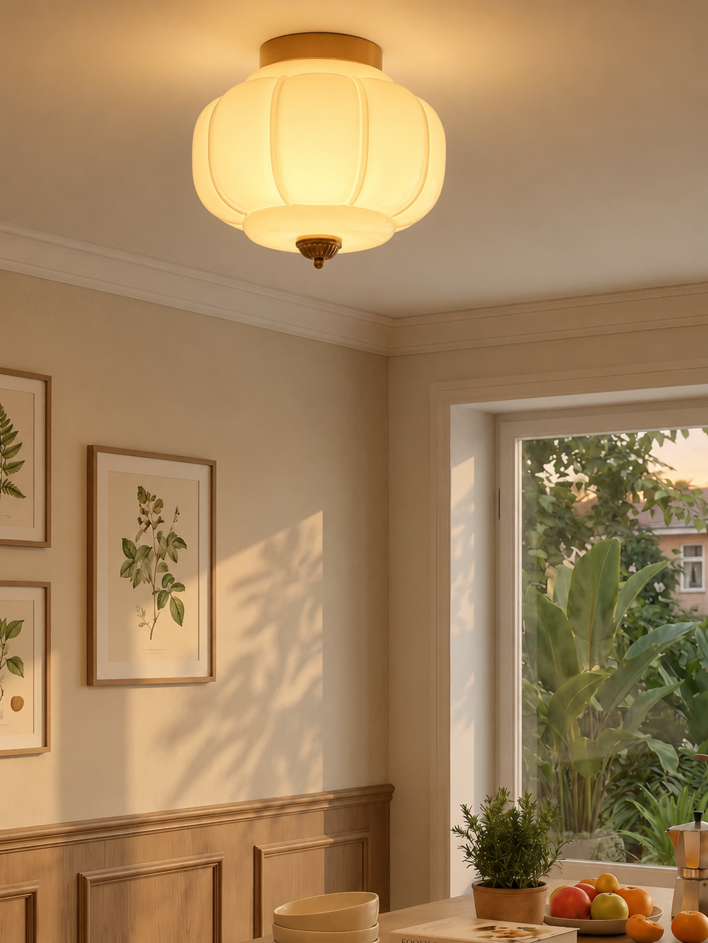 Milk Glass Ceiling Light With Glass Shade, Modern Flush Mount, Scandinavian Style | Temsk