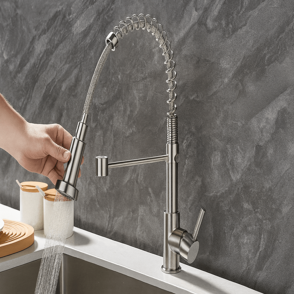 AeroFlow Modern Double Spout Kitchen Tap With Black And Gold Finish | Temsk