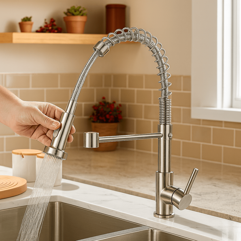 AeroFlow Modern Double Spout Kitchen Tap With Black And Gold Finish | Temsk
