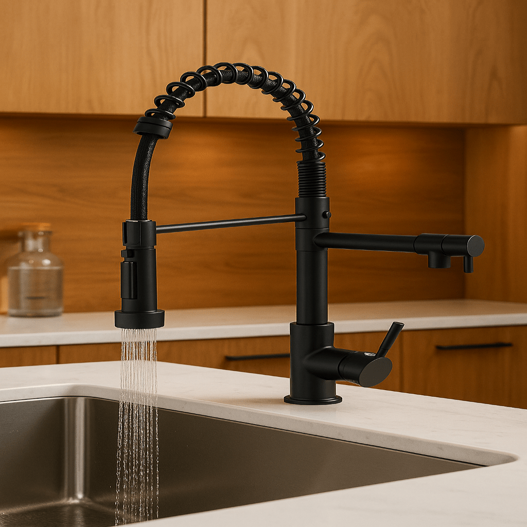AeroFlow Modern Double Spout Kitchen Tap With Black And Gold Finish | Temsk