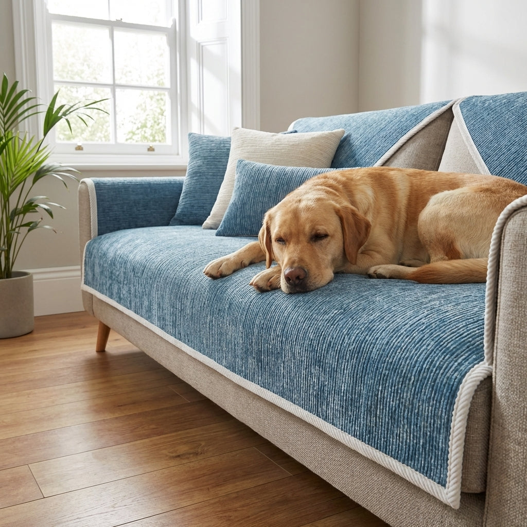 Chenille Sofa Cover With Striped Anti Scratch In Grey, Blue, And Beige | Temsk