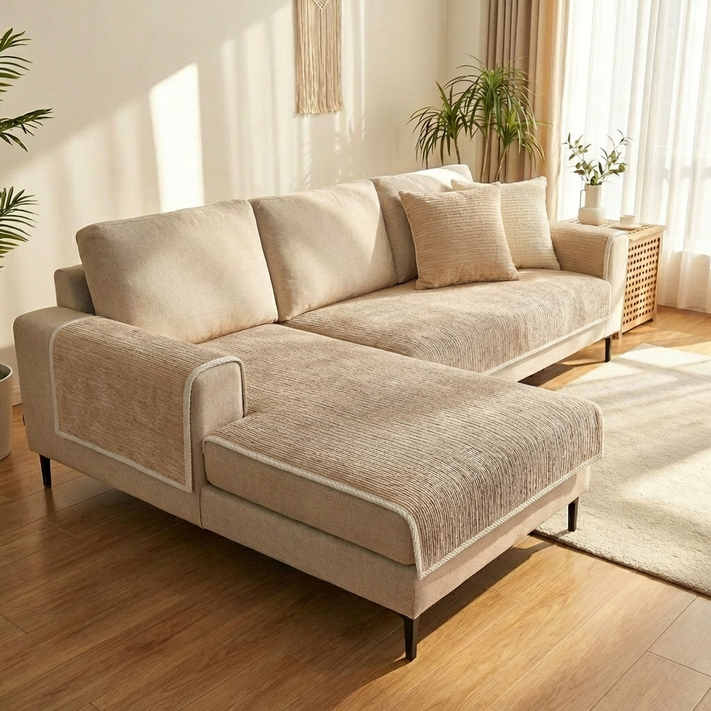 Chenille Sofa Cover With Striped Anti Scratch In Grey, Blue, And Beige | Temsk