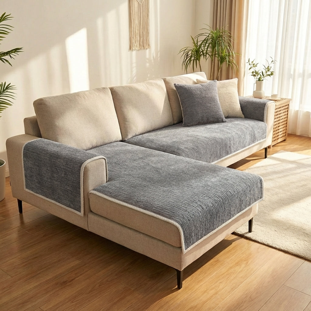 Chenille Sofa Cover With Striped Anti Scratch In Grey, Blue, And Beige | Temsk