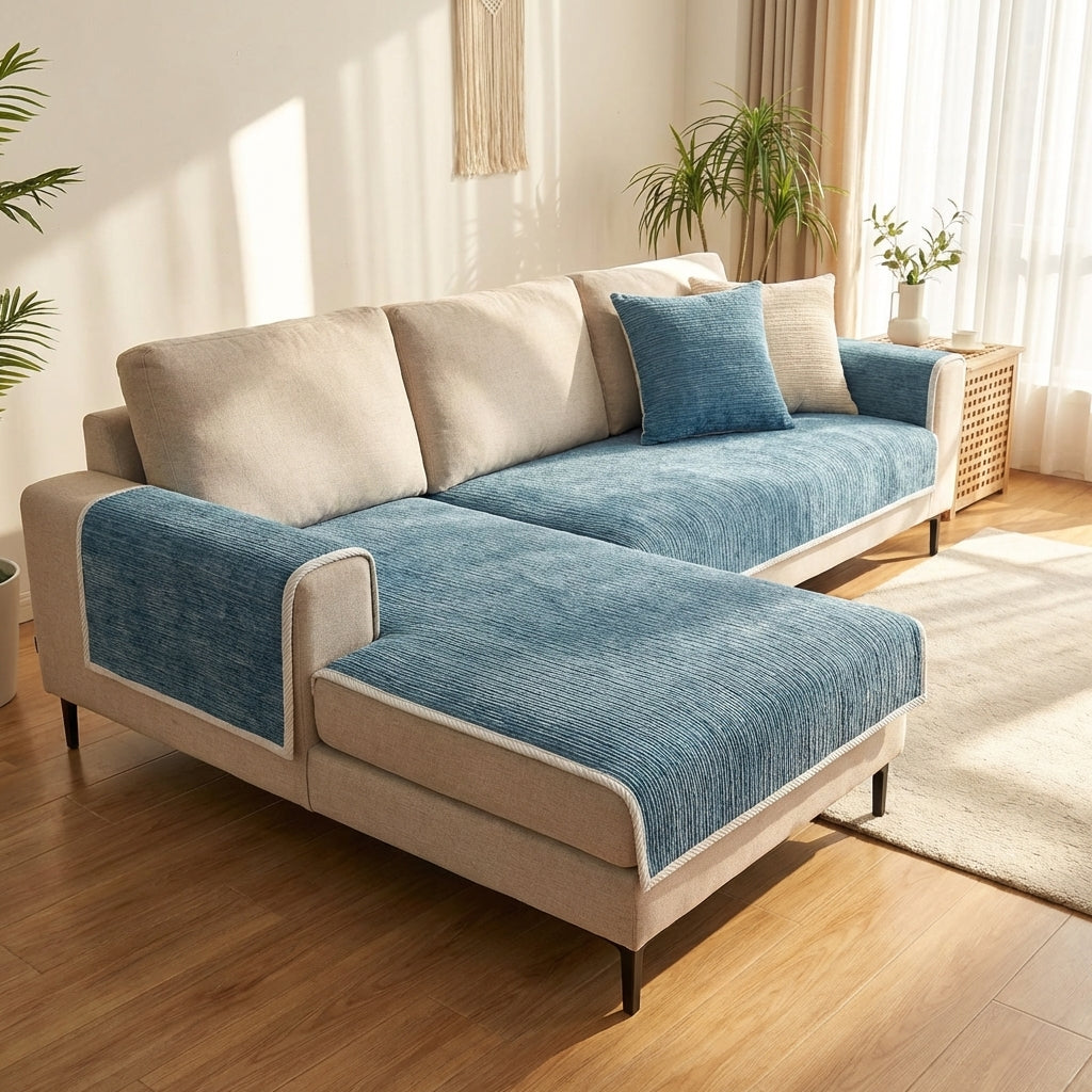 Chenille Sofa Cover With Striped Anti Scratch In Grey, Blue, And Beige | Temsk