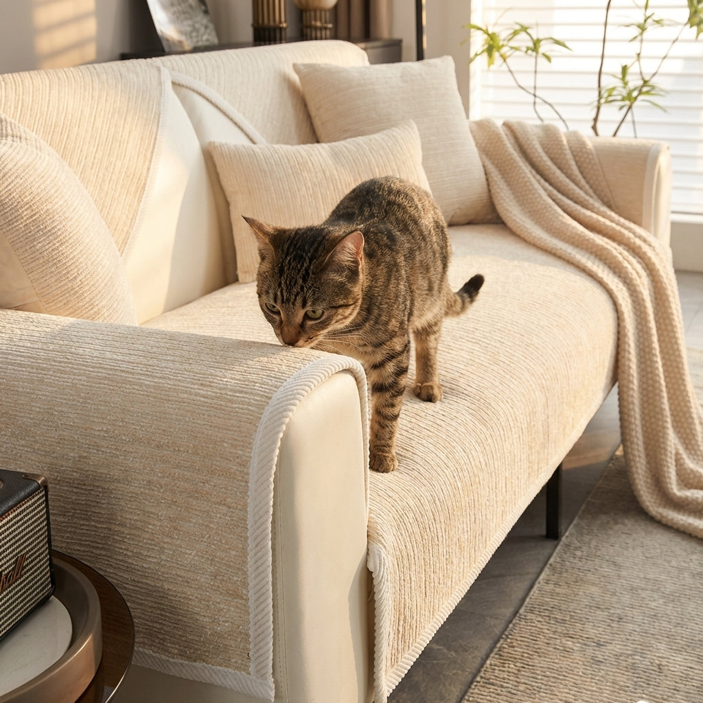 Chenille Sofa Cover With Striped Anti Scratch In Grey, Blue, And Beige | Temsk