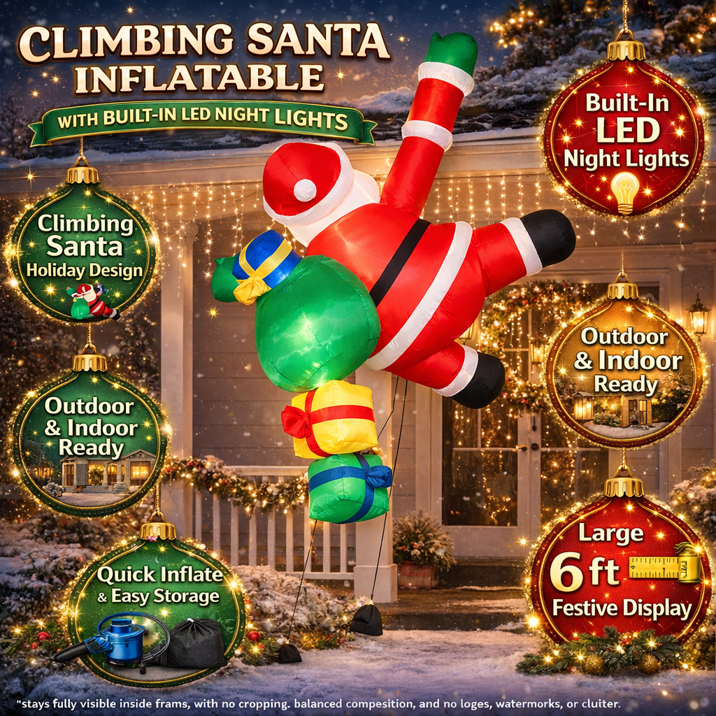Climbing Santa Inflatable With LED Lights For Outdoor Christmas Decor | Temsk
