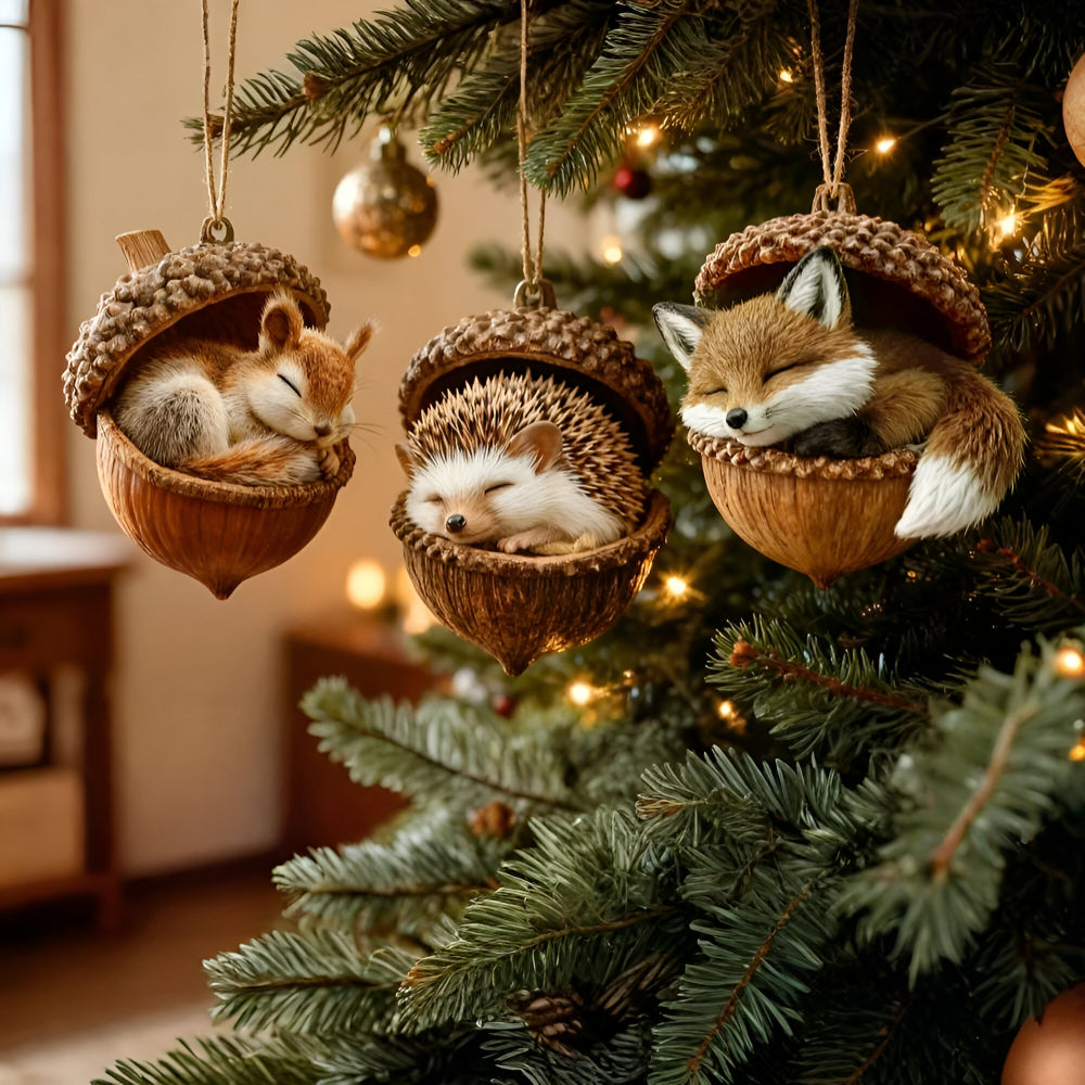 Weihnachtsornamente mit Eichel-Motiv für Waldtier-Baumschmuck | Temsk
