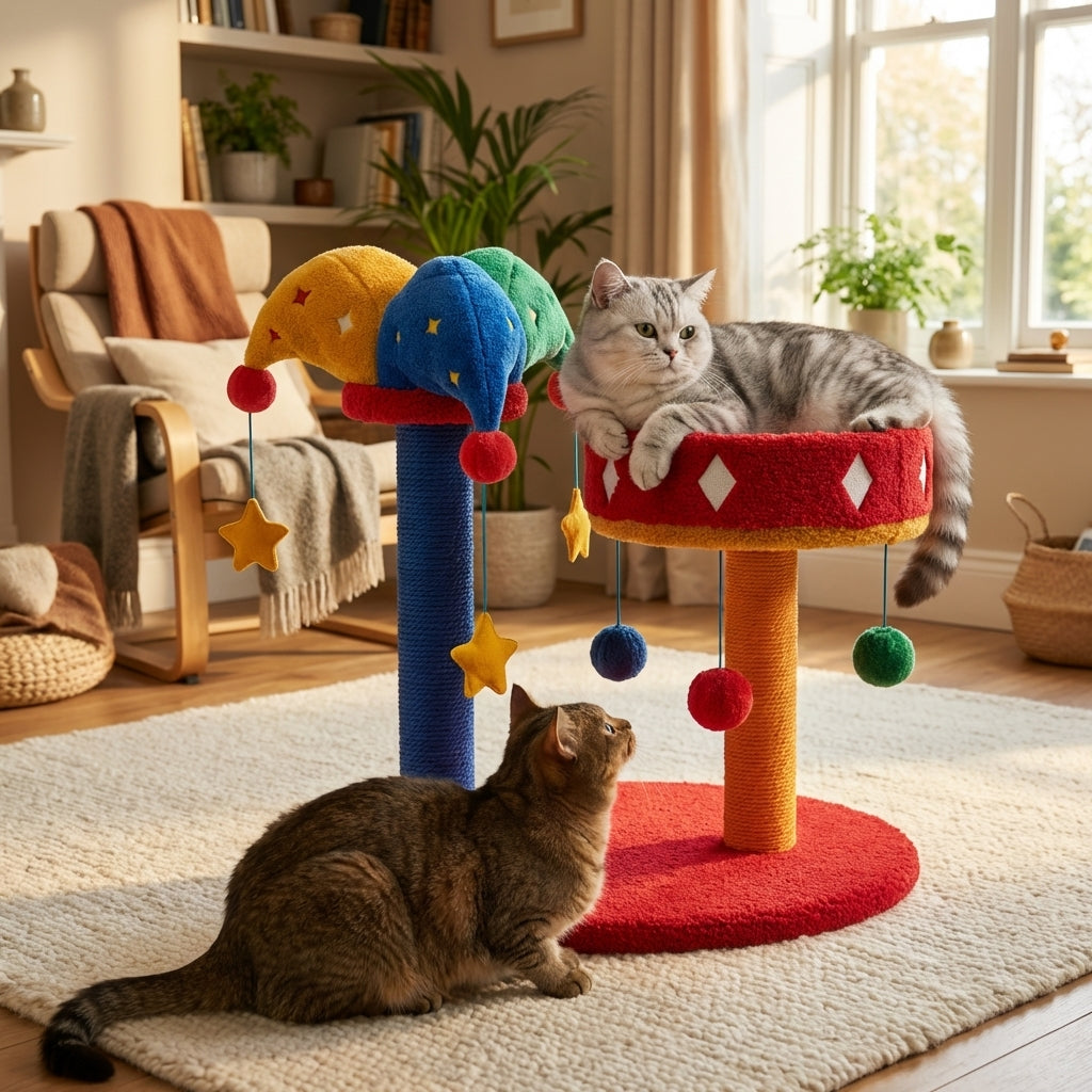 Teddy Fleece Circus-Themed Cat Tree And Bed Set, Three Styles | Temsk
