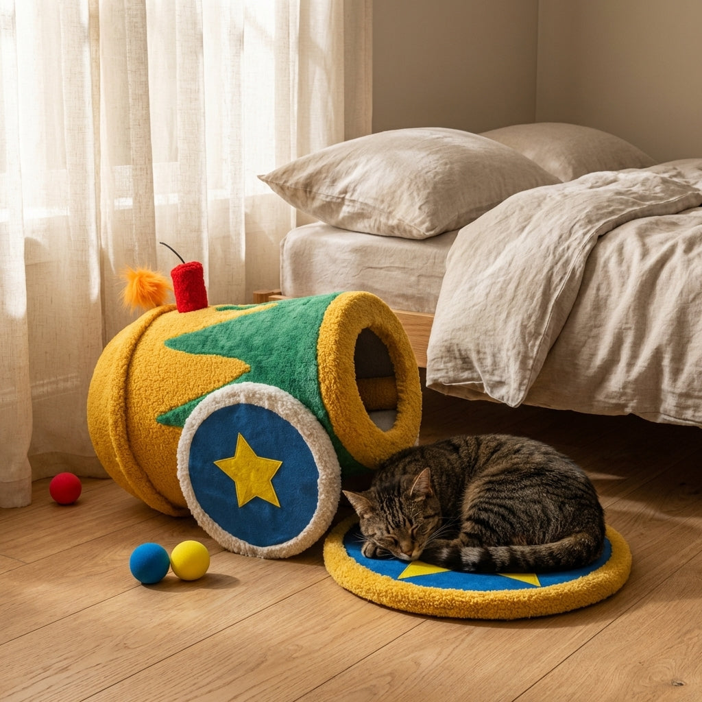 Teddy Fleece Circus-Themed Cat Tree And Bed Set, Three Styles | Temsk