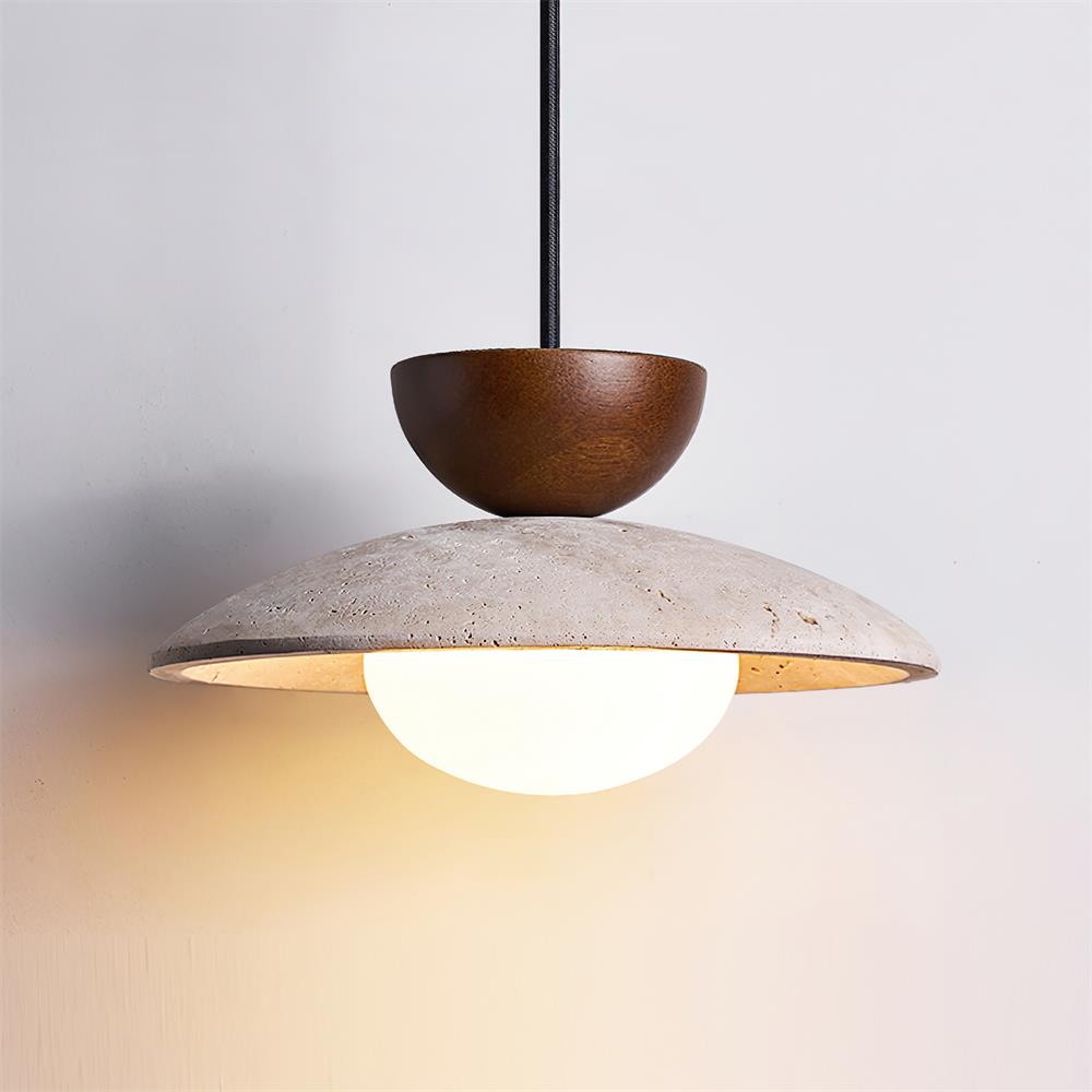 Wood Accent Pendant Light With Travertine And Glass | Temsk