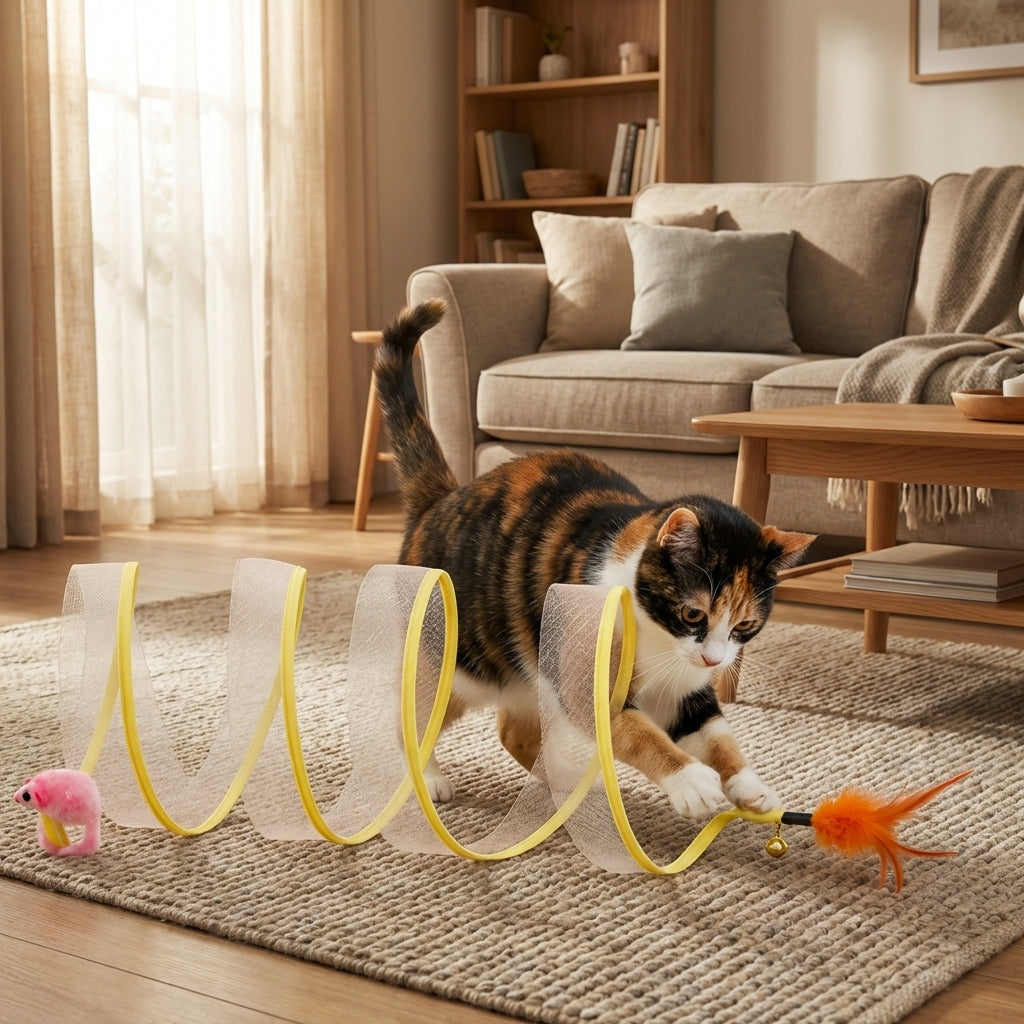 Collapsible Cat Tunnel Toy With Feather Attachments, Mesh And Steel Frame | Temsk