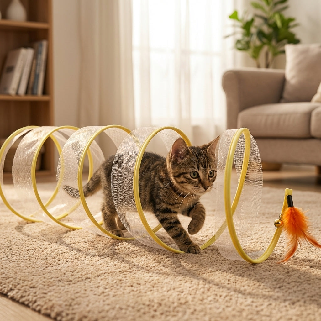 Collapsible Cat Tunnel Toy With Feather Attachments, Mesh And Steel Frame | Temsk