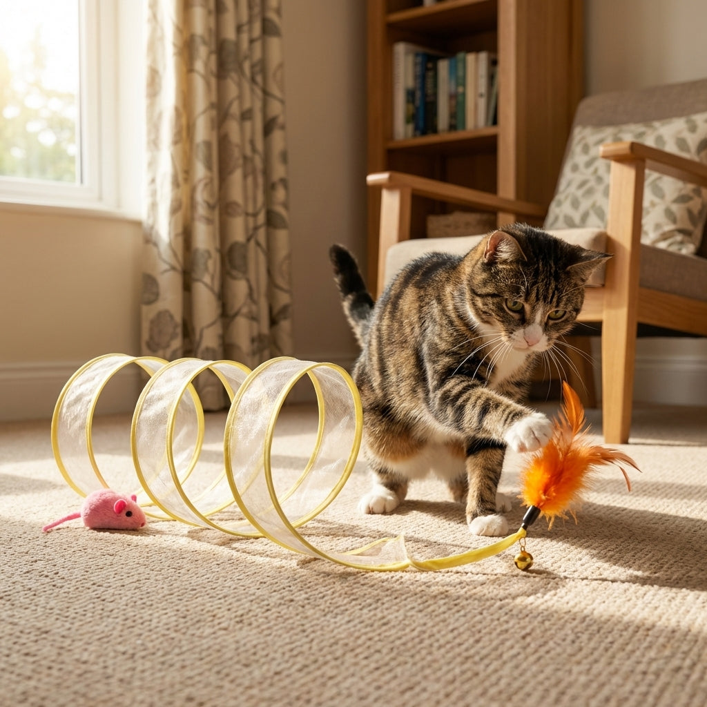 Collapsible Cat Tunnel Toy With Feather Attachments, Mesh And Steel Frame | Temsk