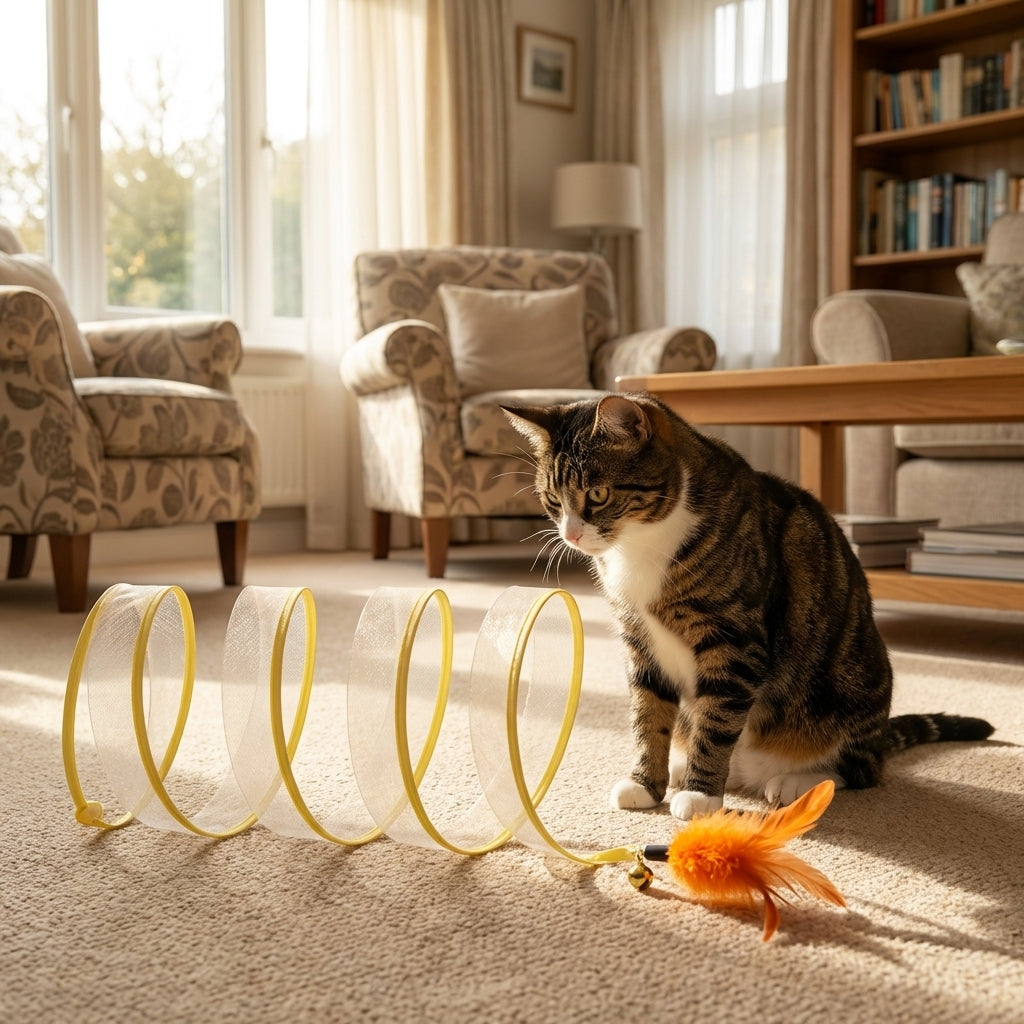 Collapsible Cat Tunnel Toy With Feather Attachments, Mesh And Steel Frame | Temsk