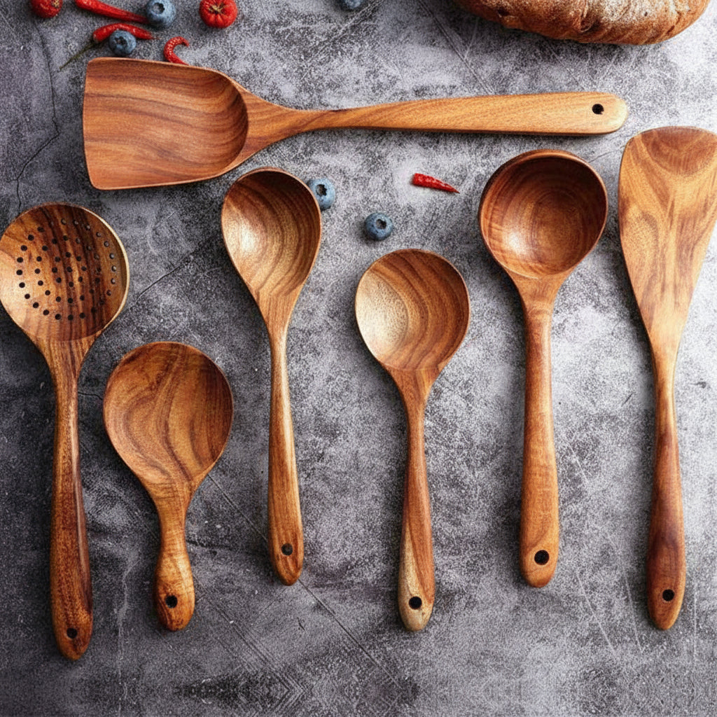 Handcrafted Wooden Kitchen Utensils Set Non Scratch for Everyday Cooking | Temsk