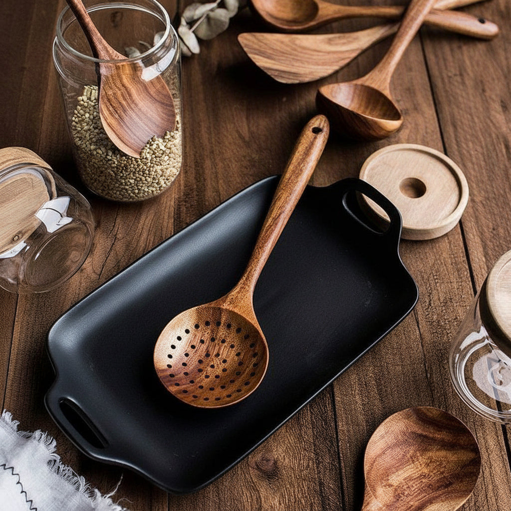 Handcrafted Wooden Kitchen Utensils Set Non Scratch for Everyday Cooking | Temsk